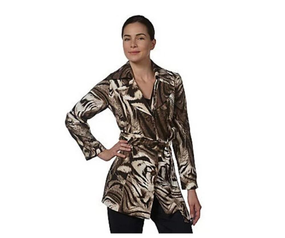 Susan Graver Animal Print Stretch Twill Belted Jacket, Size 2X
